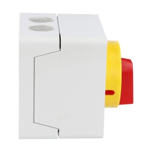 Intrerupator 25A 7.5kw 0-1 ON-OFF 3 poli IP65 75x75mm cu came industrial aplicat casetat cu maner galben rosu - Img 3
