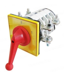 Intrerupator industrial cu came incastrabil Koncar ON-OFF 3P 400A 0-1 IP40 cu placa galbena de urgenta 132x132mm si maner rosu