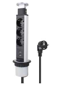 Priză schuko încastrabilă în blat de birou sau bucătărie, 3 posturi 220-240VAC 16A + 2 prize USB cablu 1.8m, pop-up - Img 2