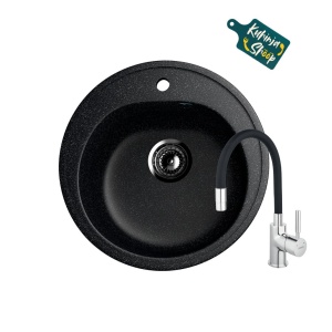 Granitni Sudoper fi500mm - GRANIT CRNA model V101 + Flexy slavina