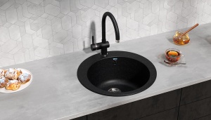 KOMPLET Granitni Sudoper Valterra V405 - boja crna sa tačkicama i lučna crna slavina - Img 3