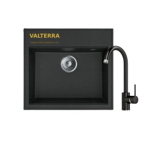 KOMPLET Granitni sudoper Valterra Verona 56x51x20 boja crna sa tačkicama i lučna crna slavina