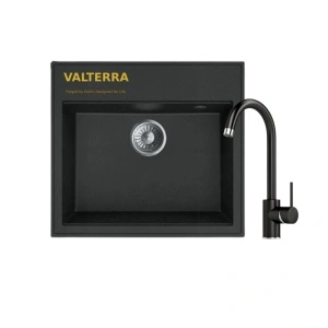 KOMPLET Granitni sudoper Valterra Verona 56x51x20 boja crna sa tačkicama i lučna crna slavina