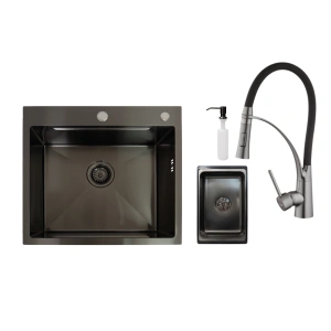 Set: KAV inox sudoper 55x50 grafit + slavina s tušem + dozator + korpa