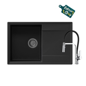 Granitni sudoper Valterra Luna 77x46x20 boja ultra crna + Tuš INOX CRNA slavina