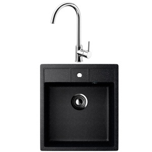 KOMPLET: Crni Granitni sudoper 450x500mm u kombinaciji sa inox slavinom