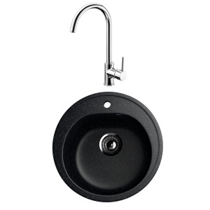 KOMPLET: Crni Granitni Sudoper fi500mm model V101 sa inox slavinom