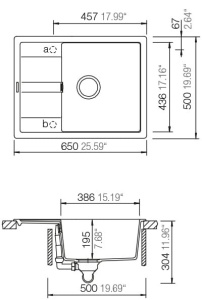 Tehnički crtež dimenzija sudopere Schock Ronda D-100L (650x500mm) za ugradnju.