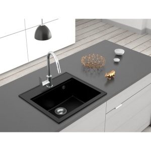 KOMPLET Granitni sudoper Valterra Verona 56x51x20 boja crna sa tačkicama i lučna crna slavina - Img 3