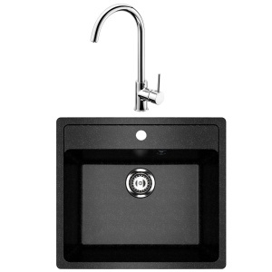 KOMPLET: Granitni sudoper 560x500mm - GRANIT CRNA model V104 i Inox lučna slavina