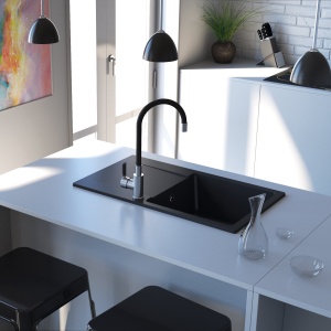 Granitni sudoper Valterra Luna 77x46x20 boja ultra crna + L MAT CRNA slavina - Img 3