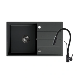 Set: Valterra Lyon 78x48 crni granitni sudoper s ocjeđivačem + KAV full black slavina