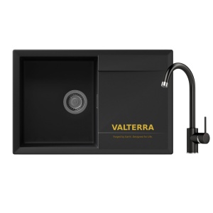 KOMPLET Granitni sudoper Valterra Luna 77x46x20 boja ultra crna i lučna slavina crna