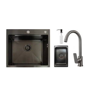 Set: KAV inox sudoper 55x50 grafit + lučna slavina gun metal + dozator + korpa