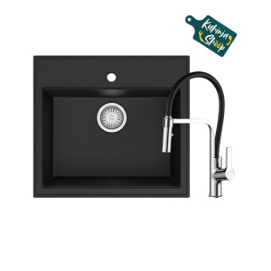 Granitni sudoper Valterra Verona 56x51x20 boja ultra crna + Tuš INOX CRNA slavina