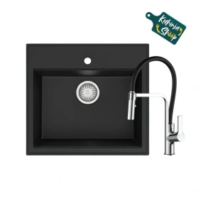 Granitni sudoper Valterra Verona 56x51x20 boja ultra crna + Tuš INOX CRNA slavina