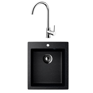 KOMPLET: Crni Granitni Sudoper 420x500mm sa inox lučnom slavinom