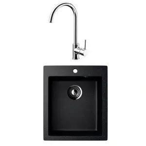 KOMPLET: Crni Granitni Sudoper 420x500mm sa inox lučnom slavinom