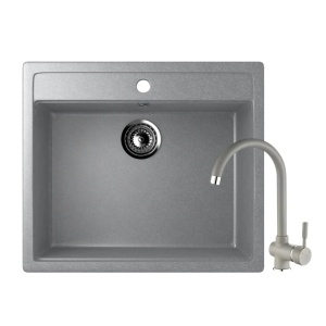 KOMPLET Granitni Sudoper 560x500mm - GRAFIT SIVA model V104 i lučna siva slavina