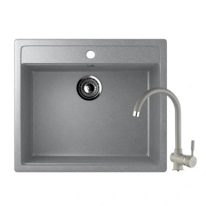 KOMPLET Granitni Sudoper 560x500mm - GRAFIT SIVA model V104 i lučna siva slavina