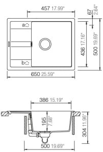 Tehnički crtež dimenzija sudopere Schock Ronda D-100L (650x500mm) za ugradnju.