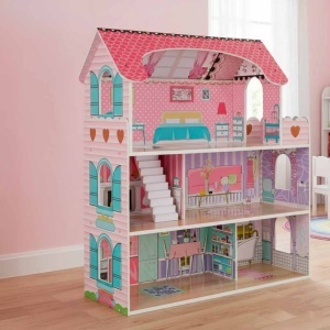 Casa de păpuși din lemn MDF + mobilier 70cm roz LED roz - Img 3