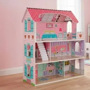 Casa de păpuși din lemn MDF + mobilier 70cm roz LED roz - Img 3