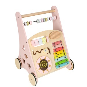 Cărucior pentru copii din lemn cu abacus roz - Img 2