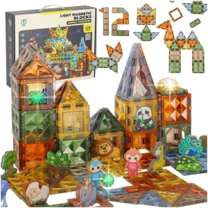 Blocuri de construcție magnetice 3D cu animale luminoase parc 124 el.