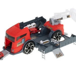 Camion de transport TIR 2in1 parcare garaj de pompieri + 3 mașini roșu - Img 3