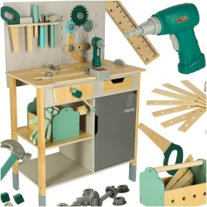 LULILO Fikso atelier din lemn mic DIY set cu instrumente ferăstrău șurubelniță sunete 86cm