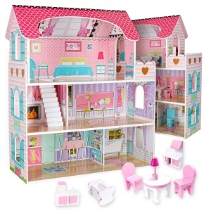 Casa de păpuși din lemn MDF + mobilier 70cm roz LED roz