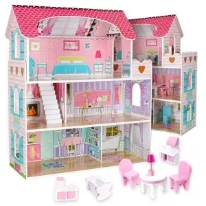 Casa de păpuși din lemn MDF + mobilier 70cm roz LED roz
