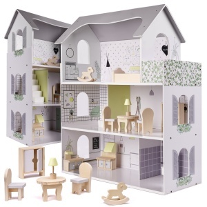 Casa de păpuși din lemn + mobilier 70cm gri