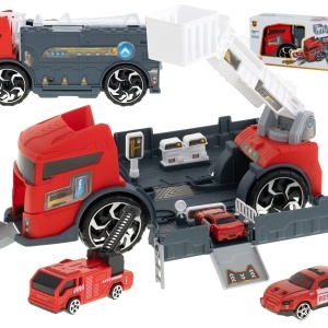 Camion de transport TIR 2in1 parcare garaj de pompieri + 3 mașini roșu