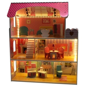 Casa de păpuși din lemn MDF + mobilier 70cm roz LED roz - Img 2