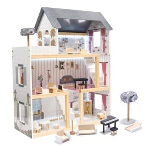 MDF casa de păpuși din lemn + mobilier 78cm negru LED negru