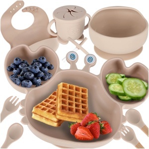 Set de 9 feluri de mâncare din silicon pentru bebeluși Crab pentru bebeluși bej