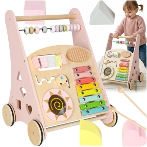Cărucior pentru copii din lemn cu abacus roz