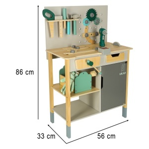 LULILO Fikso atelier din lemn mic DIY set cu instrumente ferăstrău șurubelniță sunete 86cm - Img 3