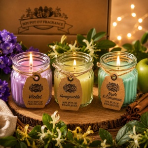 Set 3 Lumânări Parfumate din Ceară de Soia – Violet, Honeysuckle & Apple & Cinnamon