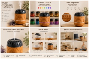 Umidificator Aer și Difuzor pentru Uleiuri Esențiale cu Ultrasunete, LED RGB, Timer, Design Efect Lemn - Img 2