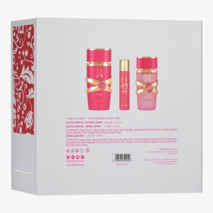 Lattafa Yara Candy 3 Pieces Gift Set pentru Femei – Eau de Parfum 100 ml + Hair Mist 50 ml + Travel Spray 12 ml - Img 3