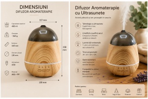 Difuzor Aromaterapie cu Ultrasunete și Umidificator Aer, LED RGB, Timer 1H/3H/6H, 400 ml, Efect Lemn - Img 2