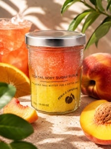 Exfoliant de Corp cu Zahăr Peach & Sangria 300 g – cu Unt de Shea | Cocktail Body Sugar Scrub
