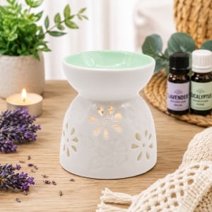 Lampă de Aromaterapie din Ceramică cu Model Floral, Alb/Verde Mentă, pentru Uleiuri Parfumate și Wax Melts