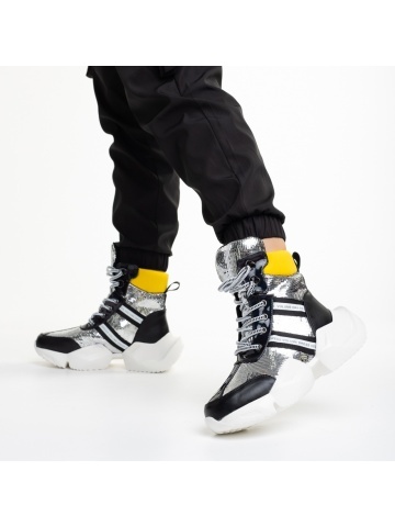 Γυναικεία αθλητικά παπούτσια μαύρα με ασημί από οικολογικό δέρμα Rashia - Img 3