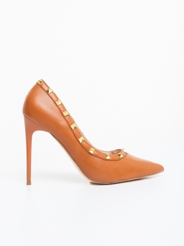 Γυναικεία παπούτσια με τακούνι κάμελ από οικολογικό δέρμα Denzia - Img 4