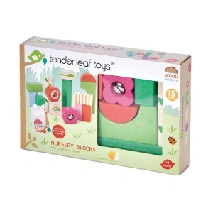 Cuburi din Lemn pentru construit cu tematica Gradina – Nursery Blocks cu Funcții și Imagini - Tender Leaf Toys