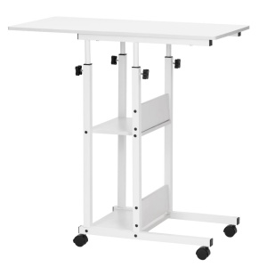 Birou reglabil pe inaltime cu rafturi si roti, blat din lemn si structura metalica, 80x40x76-86 cm, alb - Img 6